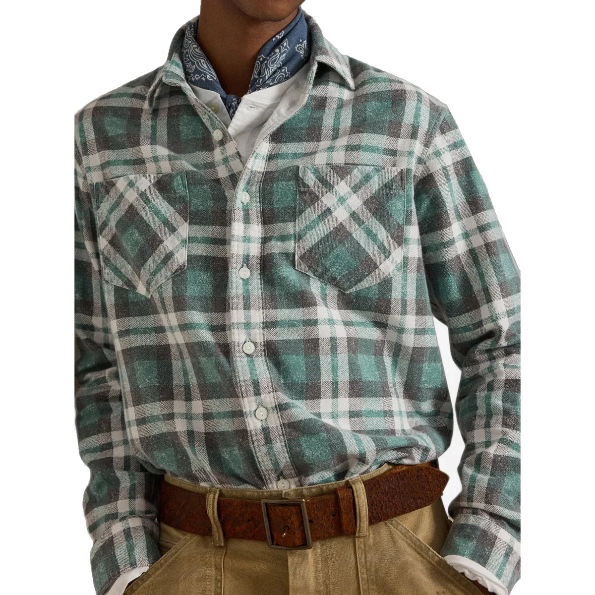 Close-up of the Plaid Flannel Workshirt, showing the bias-cut chest pockets, buttons and the brushed plaid flannel.