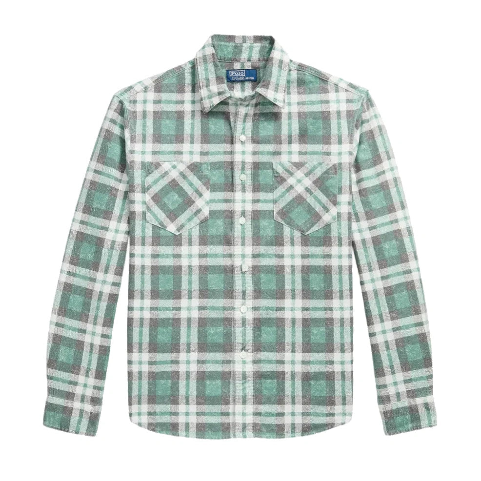 Polo Ralph Lauren Plaid Flannel Workshirt laid flat. A green, gray and white plaid button-up with two bias-cut chest pockets.