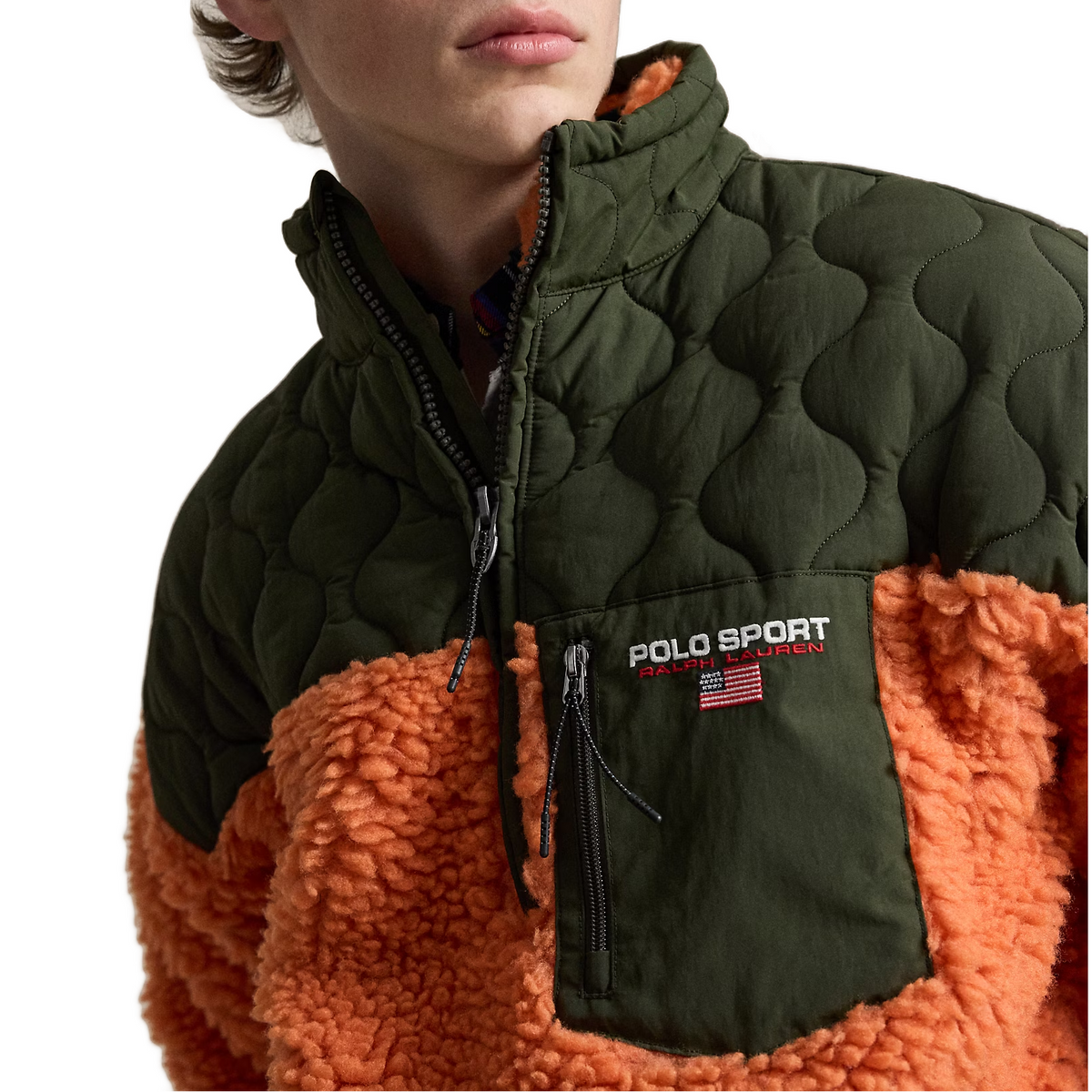 Close-up of the Polo Sport Pullover’s half-zip collar and olive quilted chest pocket with the Polo Sport logo and flag.