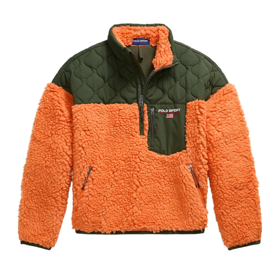 Polo Ralph Lauren Relaxed Fit Polo Sport Pullover laid flat. An orange high-pile fleece half-zip with an olive quilted nylon yoke and a zippered chest pocket with the Polo Sport logo.