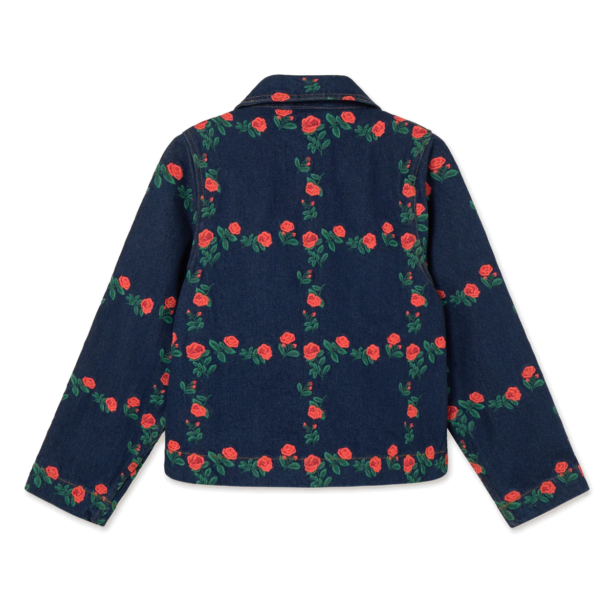Back view of The Tiny Big Sister Roses Grid Embroidery Denim Jacket laid flat on white, showing the rose and leaf embroidery in a grid across the back and sleeves.
