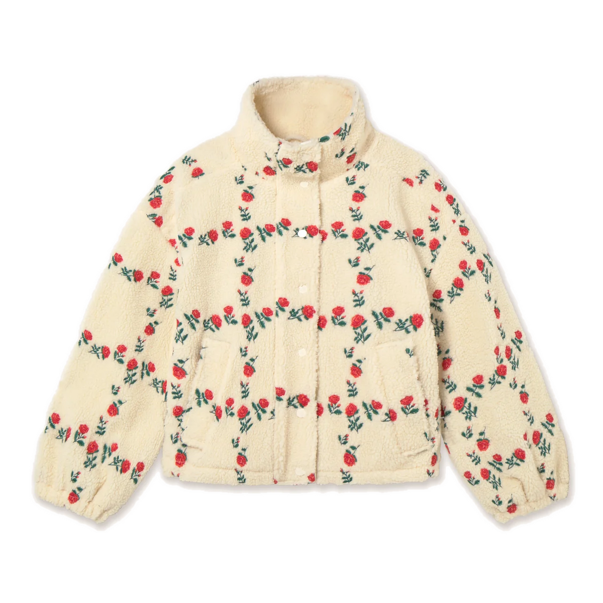 Front view of The Tiny Big Sister Roses Grid Sherpa Jacket, laid flat on white. It’s cream sherpa embroidered with red roses and green leaves in a grid, with a high collar, snap front, and elastic cuffs.