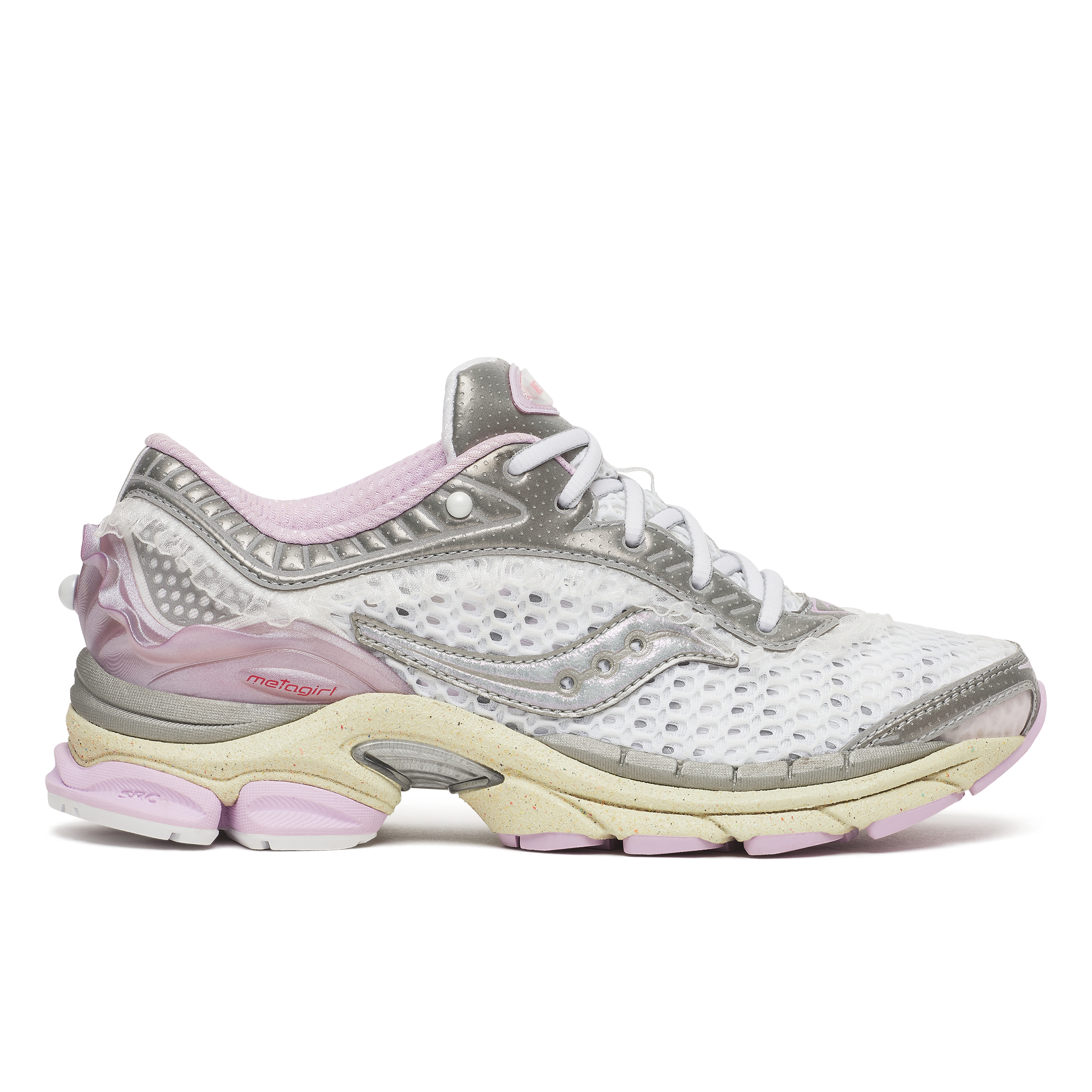 SAUCONY X Metagirl Progrid Paramount sneakers in white/gray/pink colorway, side view