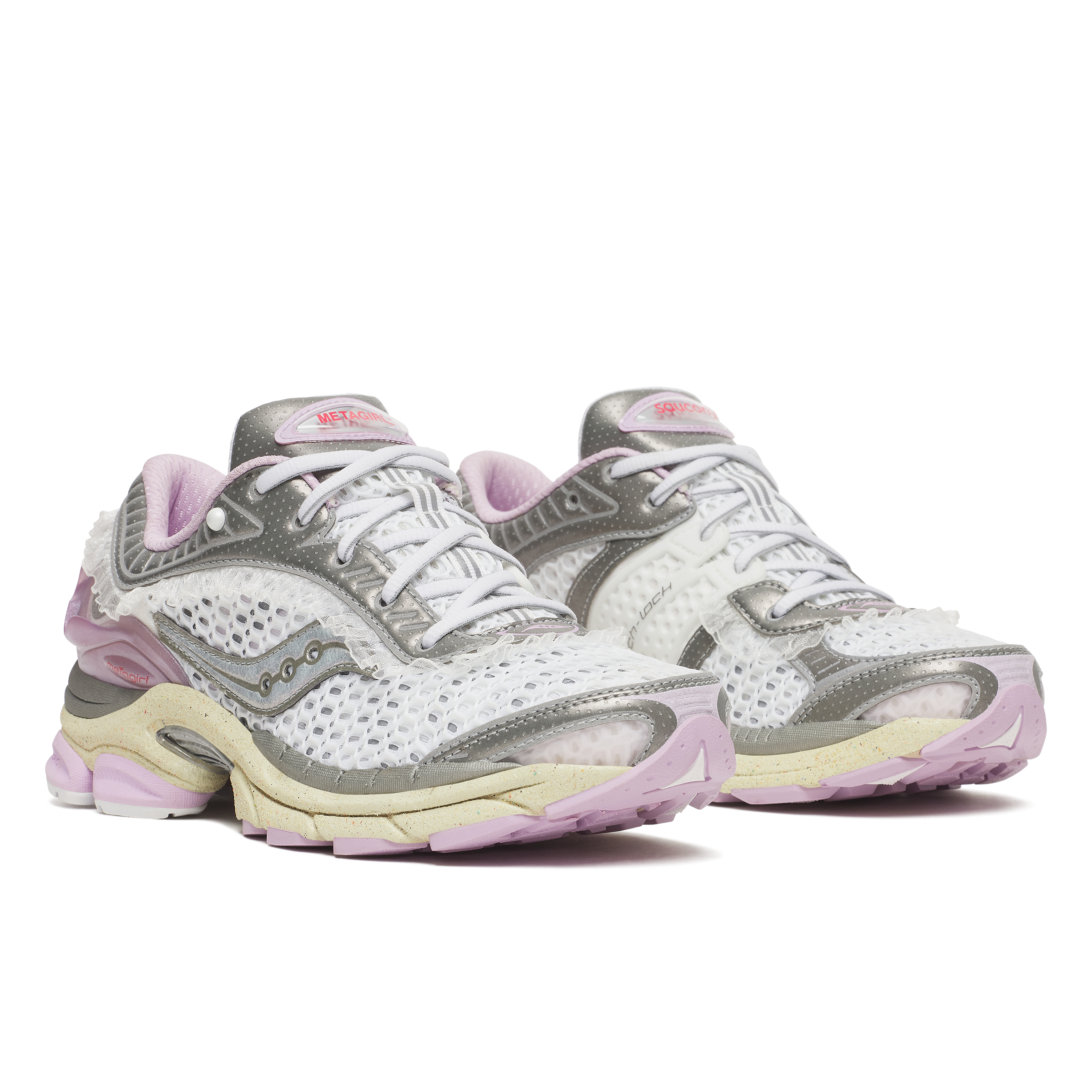 Saucony X Metagirl Progrid Paramount sneakers in white, gray and pink colorway, side view
