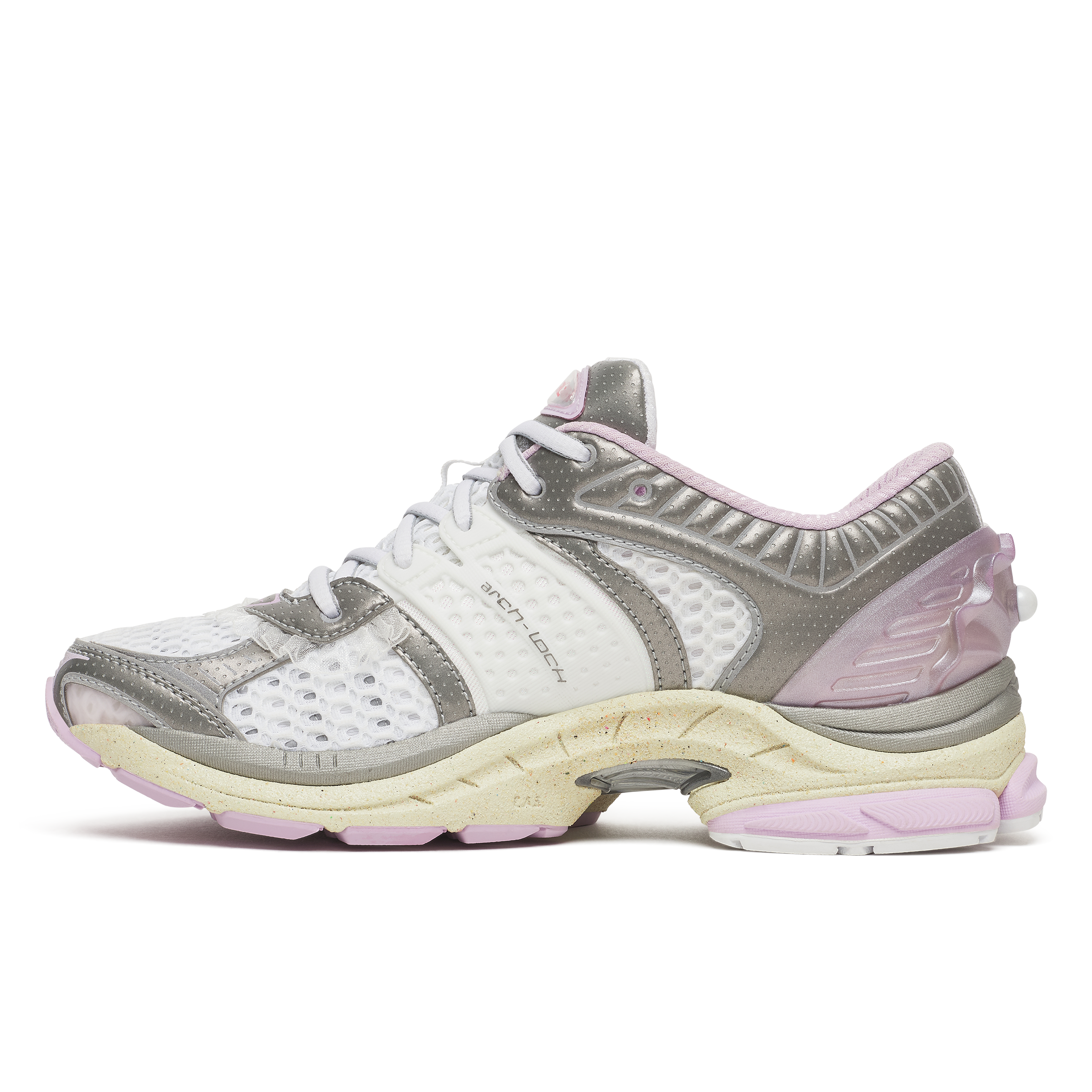 Saucony X Metagirl Progrid Paramount sneaker in white, grey and pink colorway, side view
