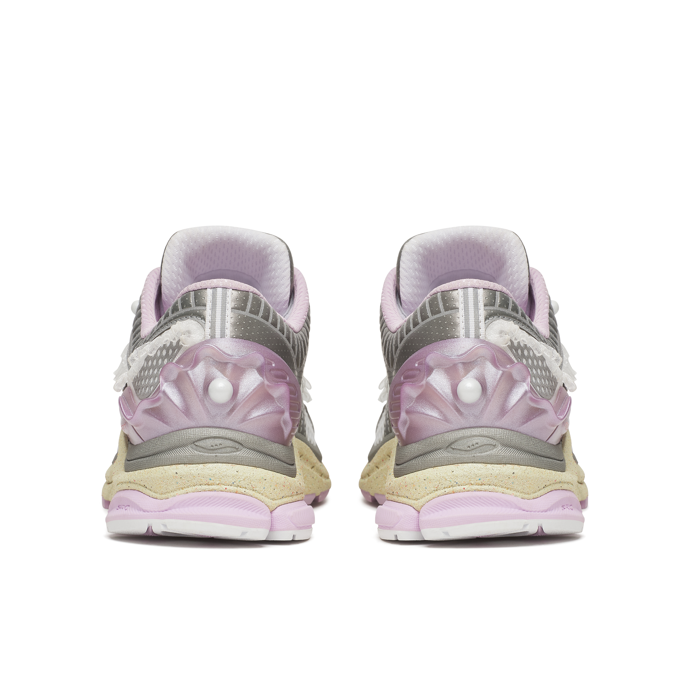 Saucony X Metagirl Progrid Paramount sneakers in pink and gray colorway, rear view
