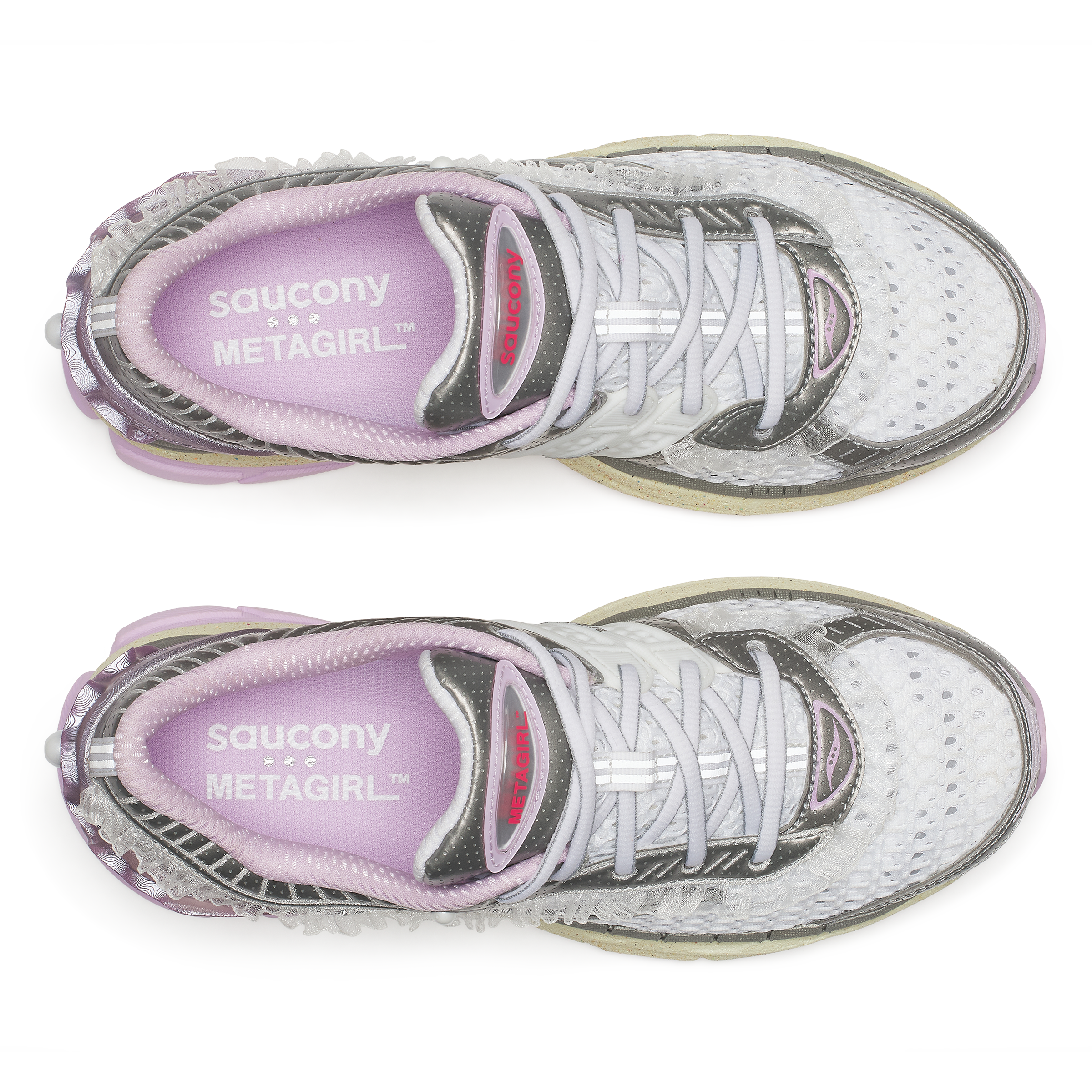 Saucony X Metagirl Progrid Paramount sneakers in silver and purple colorway, top view of pair