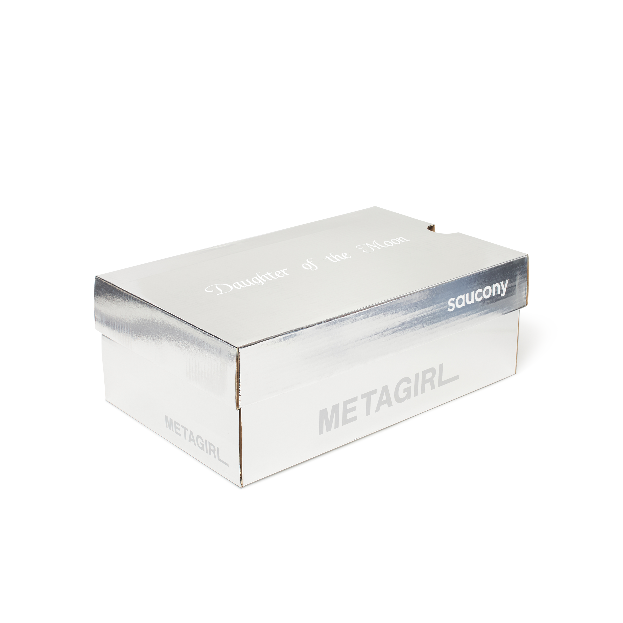 SAUCONY X Metagirl Progrid Paramount silver metallic sneaker box side view