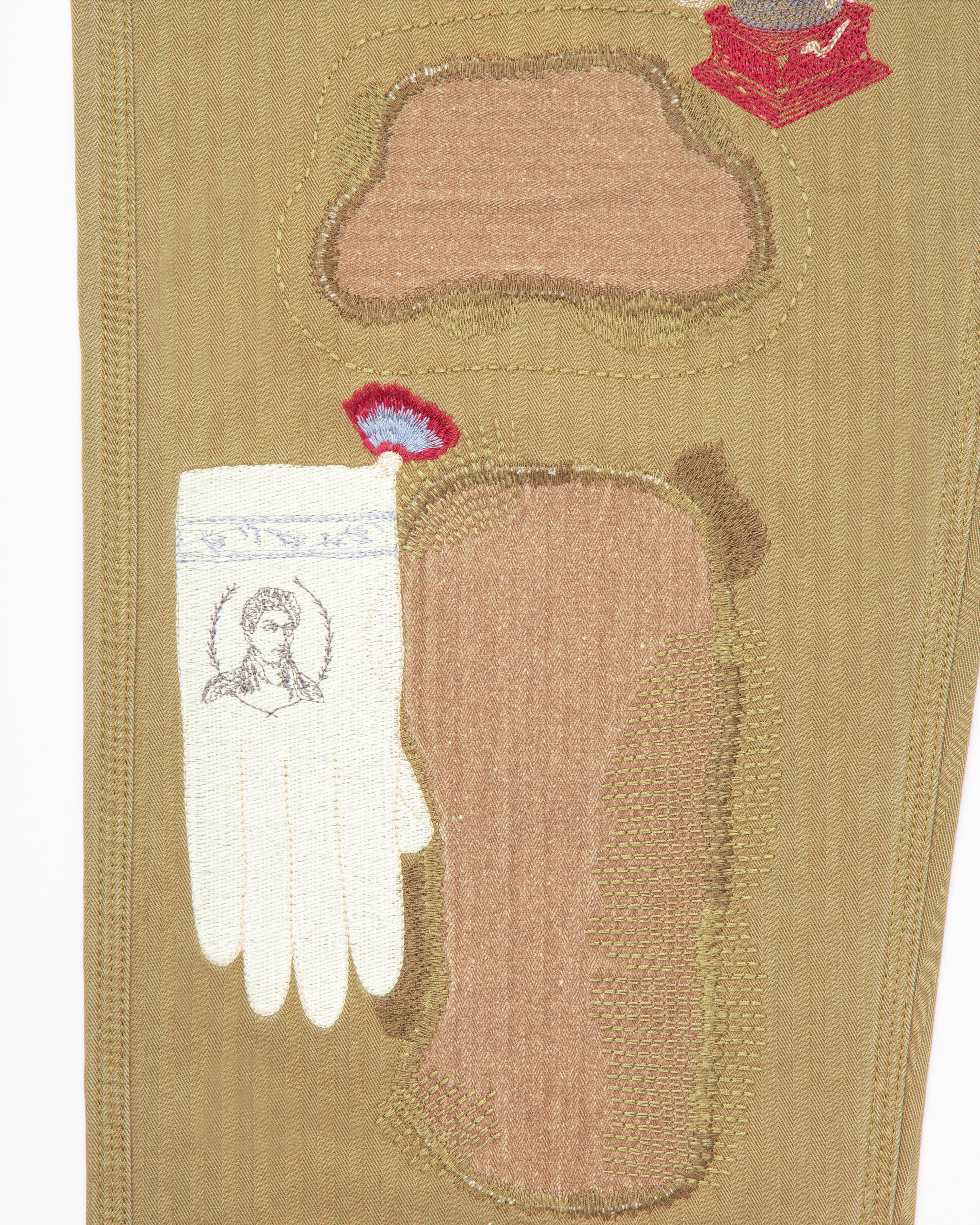 SAMUEL ZELIG Antique Pant in brown with embroidered classical portrait detail