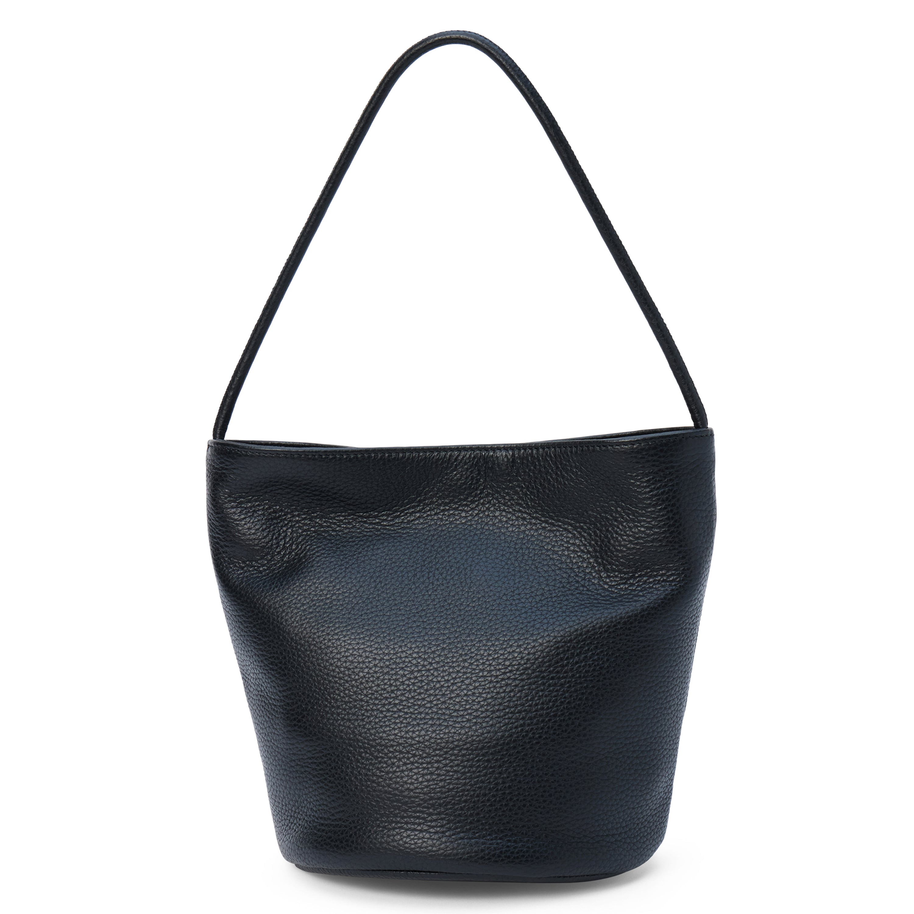 A black pebbled leather shoulder bag with a single thin strap, photographed against a solid white background.