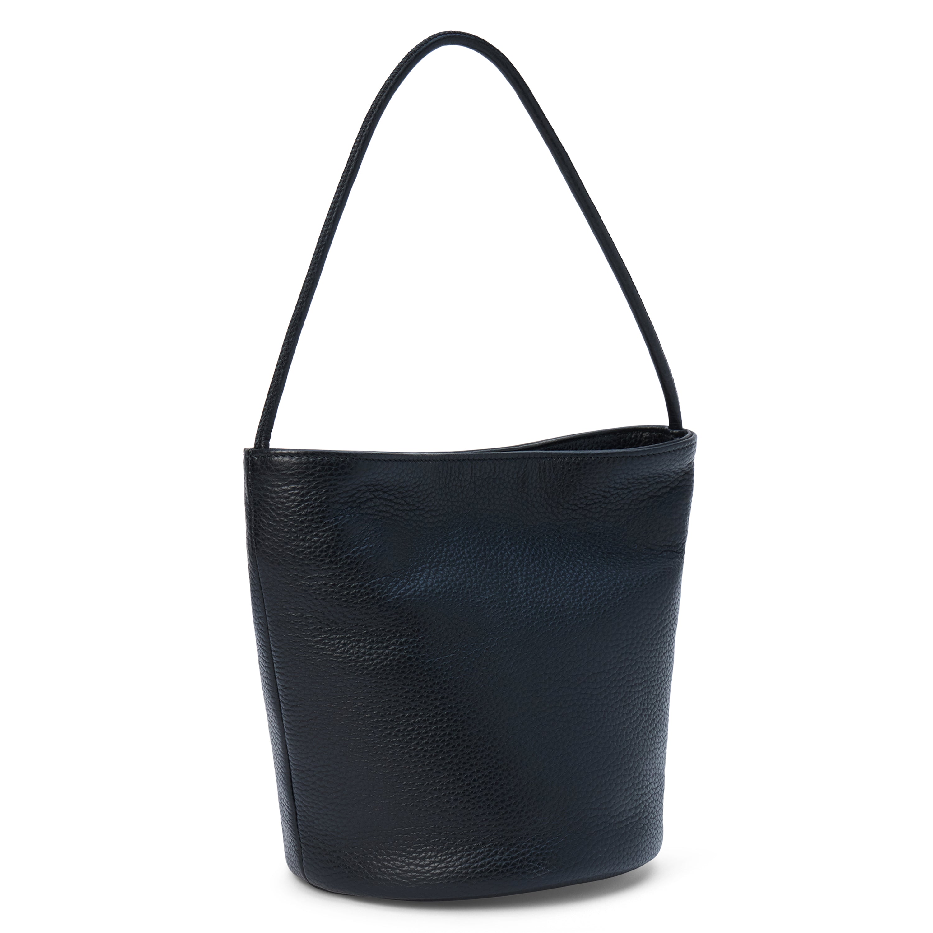 Black leather handbag with a shoulder strap on a white background