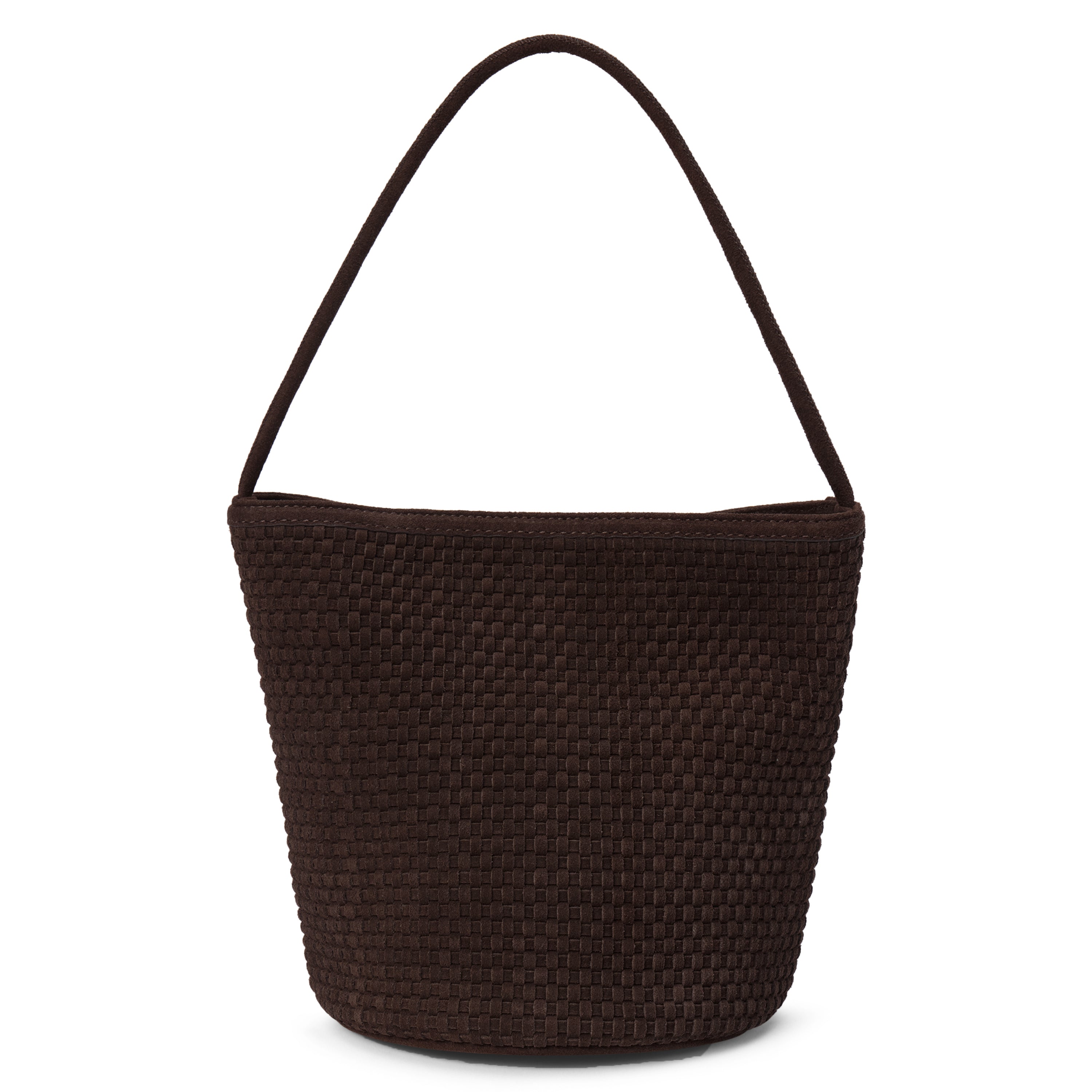 Brown woven handbag with a handle on a white background