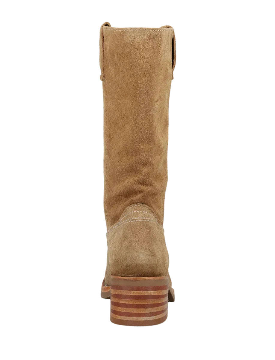 Tan knee-high boot on a white background