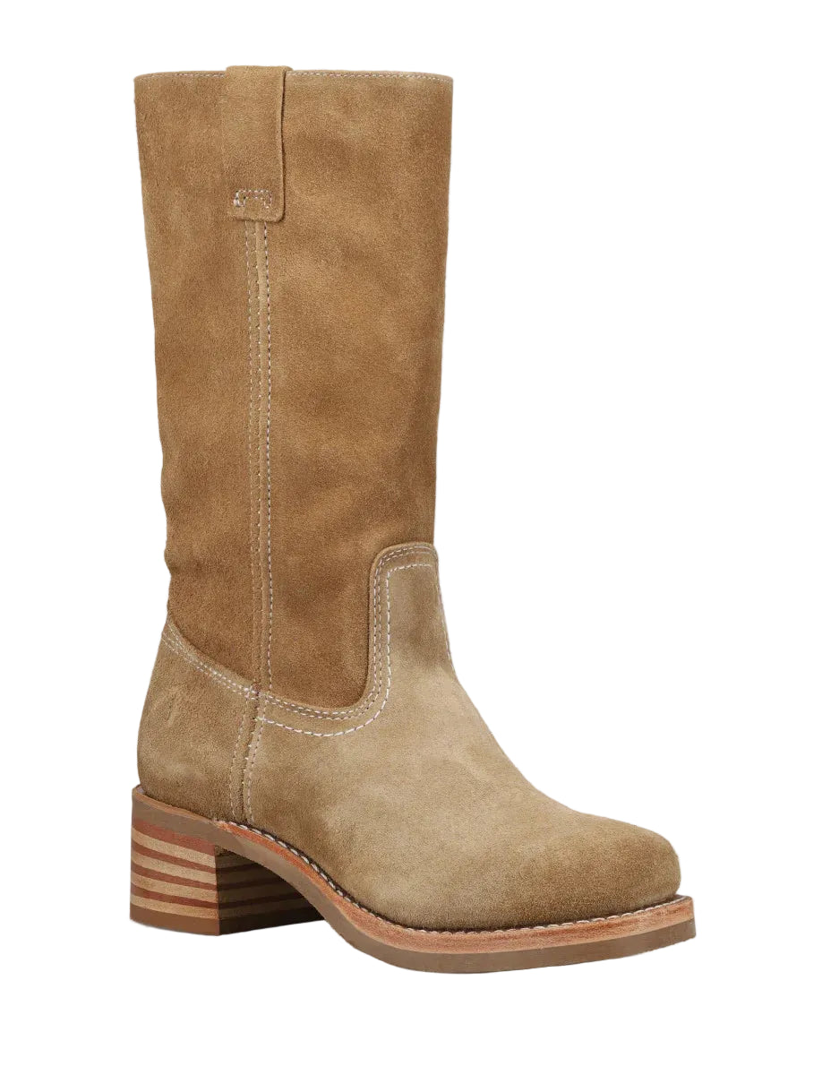 Tan suede knee-high boot on a white background
