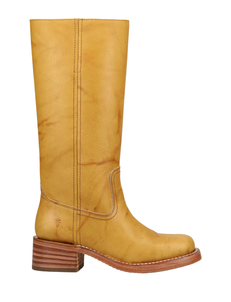 Tan knee-high boot with a brown block heel on a white background