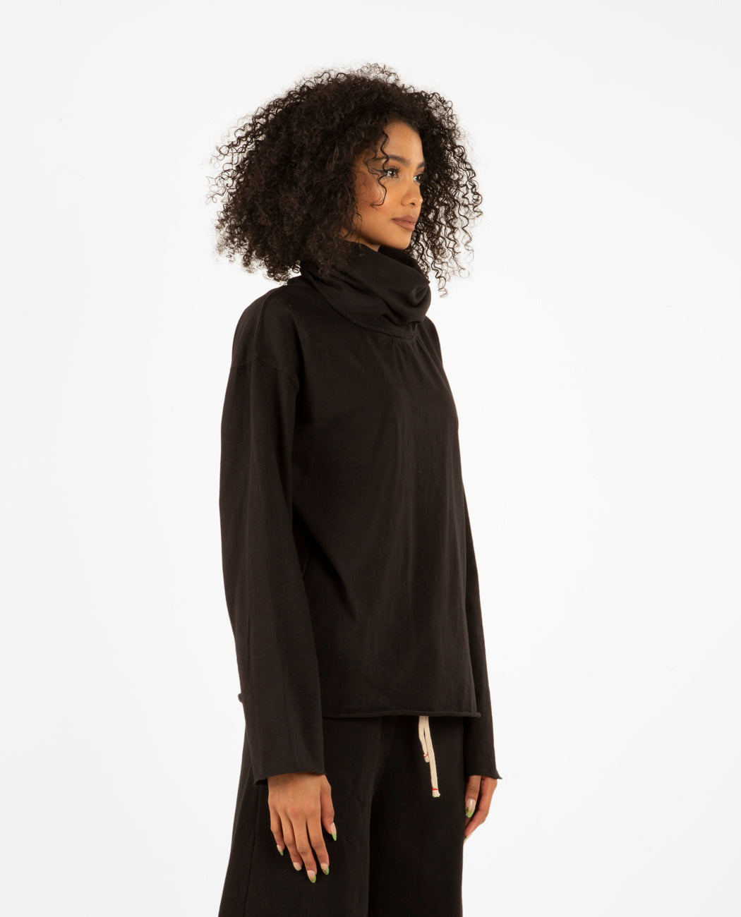 Cowl Neck Long Sleeve Jet Black Women Coats + Jackets LES TIEN