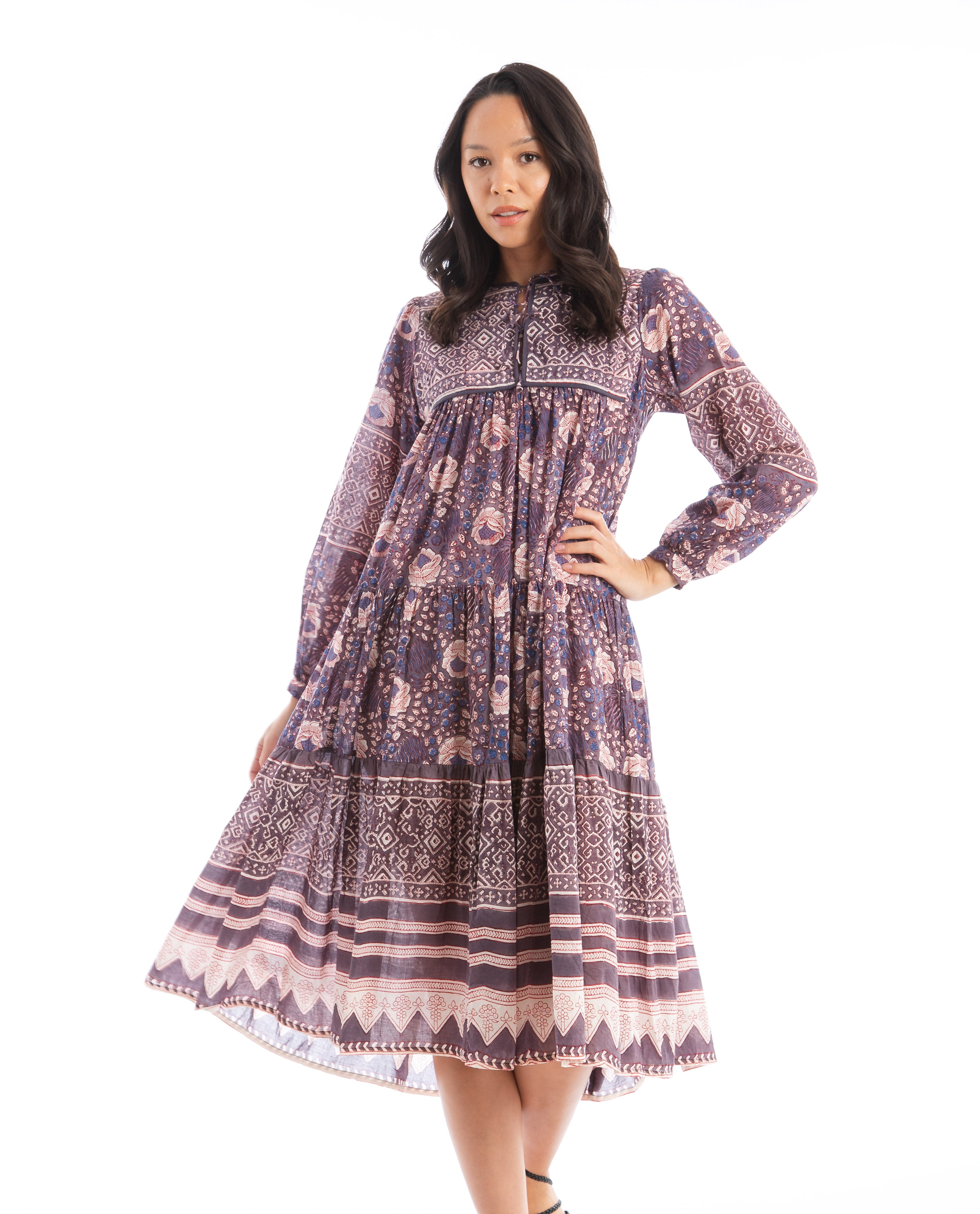 MATTA NY Yamini Booj Leaf Print Boho shops Midi Dress - Purple Indigo White - Size XS