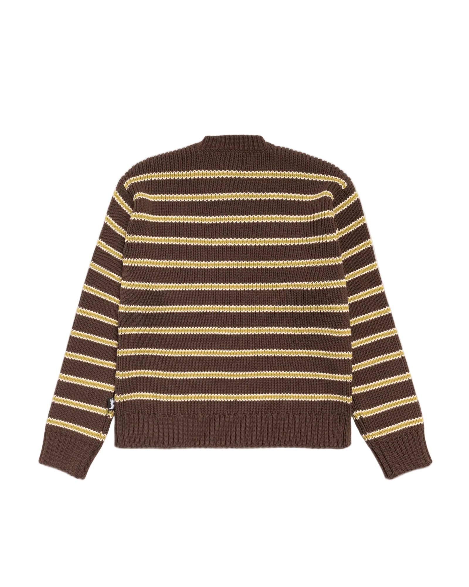 green and beige striped sweater on a white background