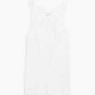 White tank top with a brand logo on a white background