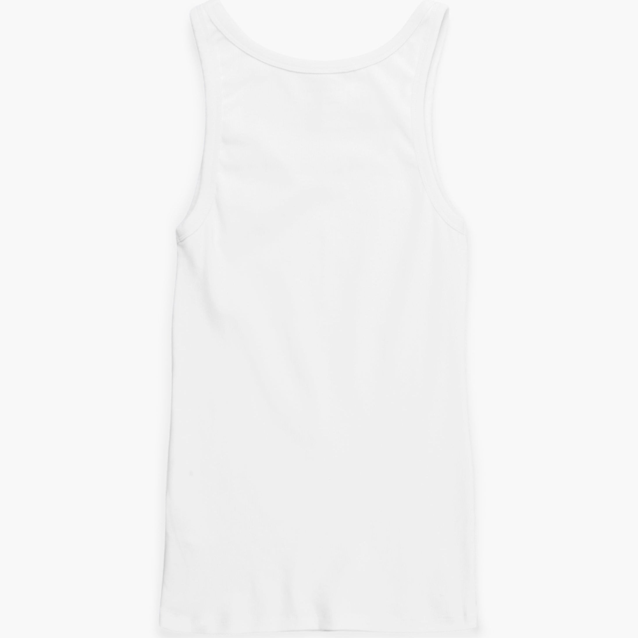 Plain white tank top on a light gray background