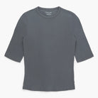 Gray t-shirt with a brand label on a white background