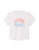 White t-shirt with colorful graphic design on a white background