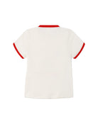 White t-shirt with red trim on a white background