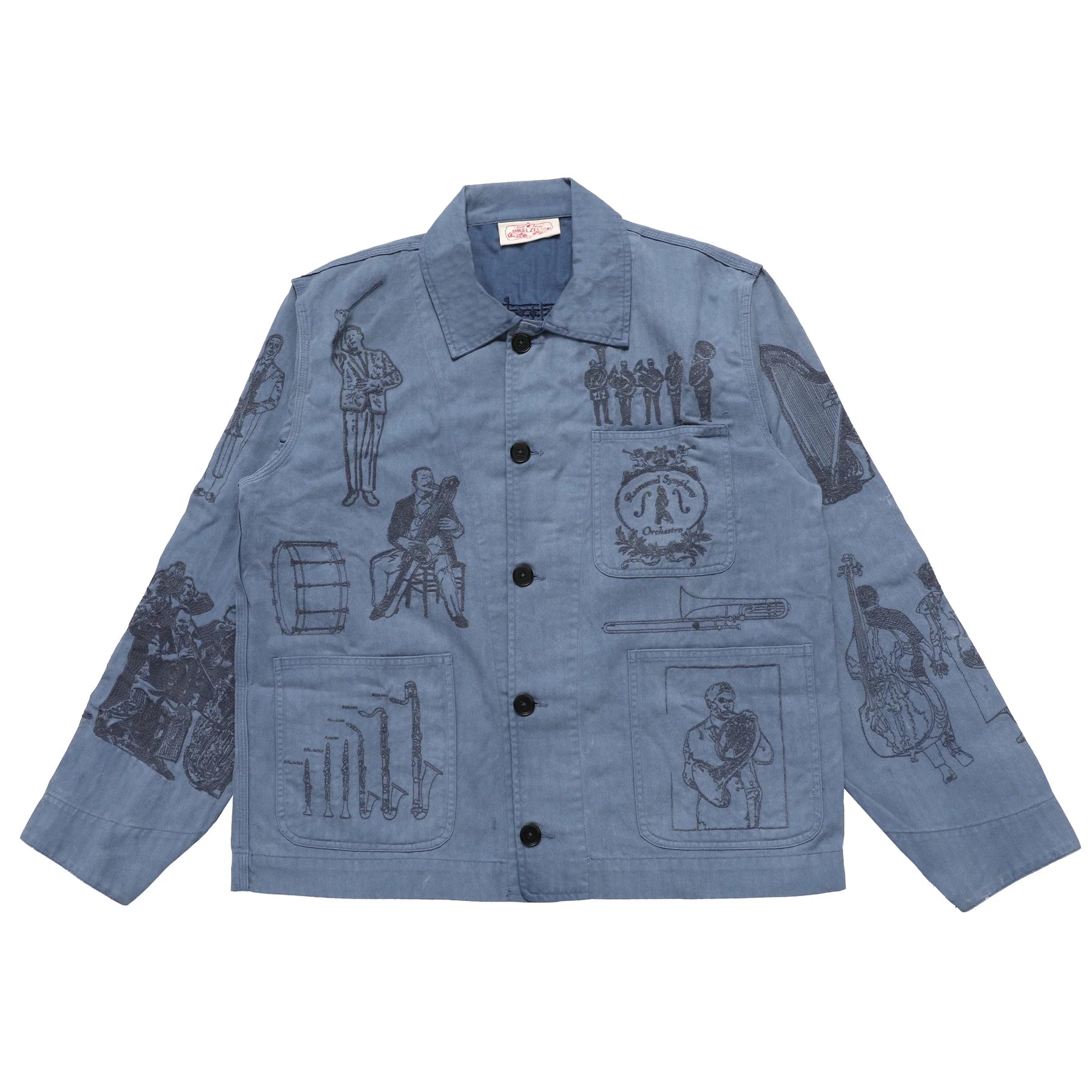 Blue herringbone jacket with embroidered designs on a white background
