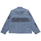 Blue herringbone jacket with black embroidered designs on a white background