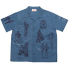 Blue shirt with black graphics on a white background