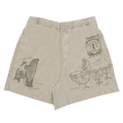 Beige shorts with black graphics on a white background
