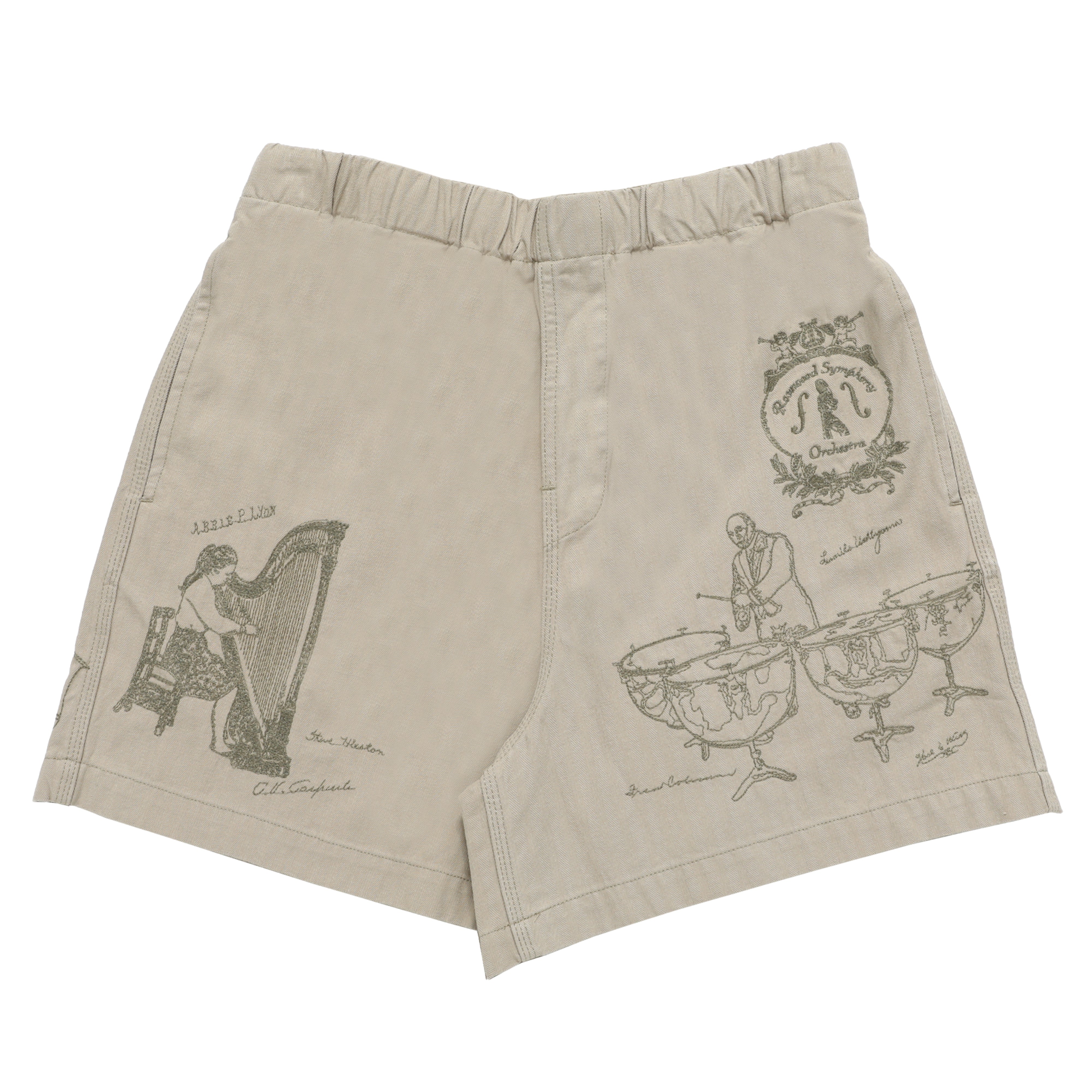 Beige shorts with black graphics on a white background