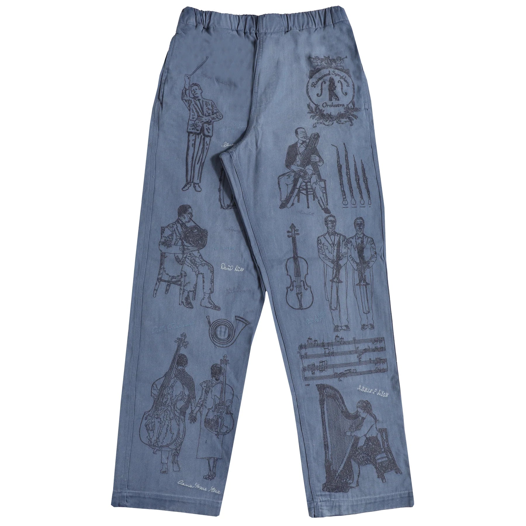Blue herringbone pants with black illustrations on a white background