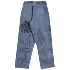 Blue herringbone pants with black illustrations on a white background