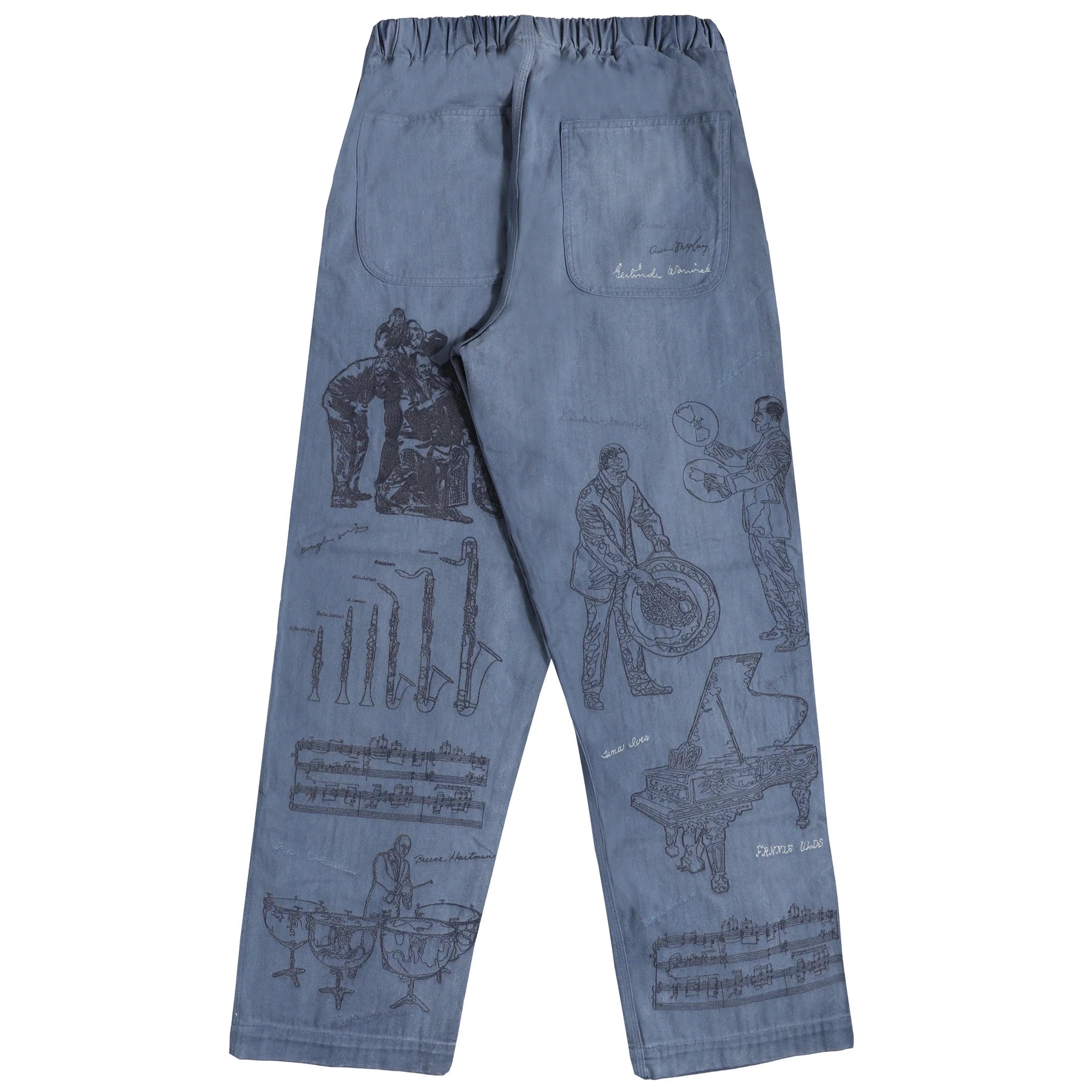 Blue herringbone pants with black illustrations on a white background