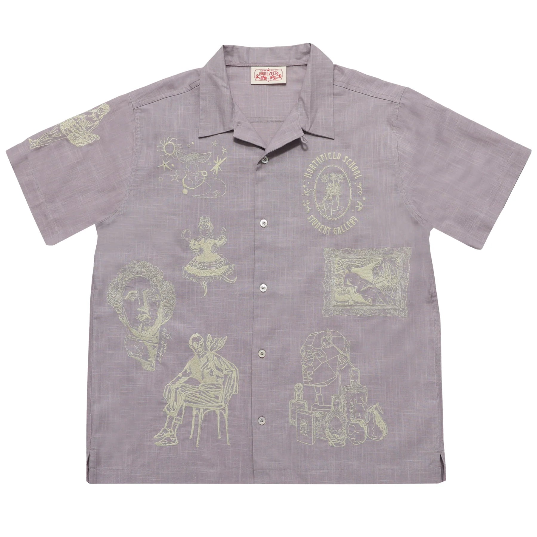 Lavender shirt with green graphic designs on a white background
