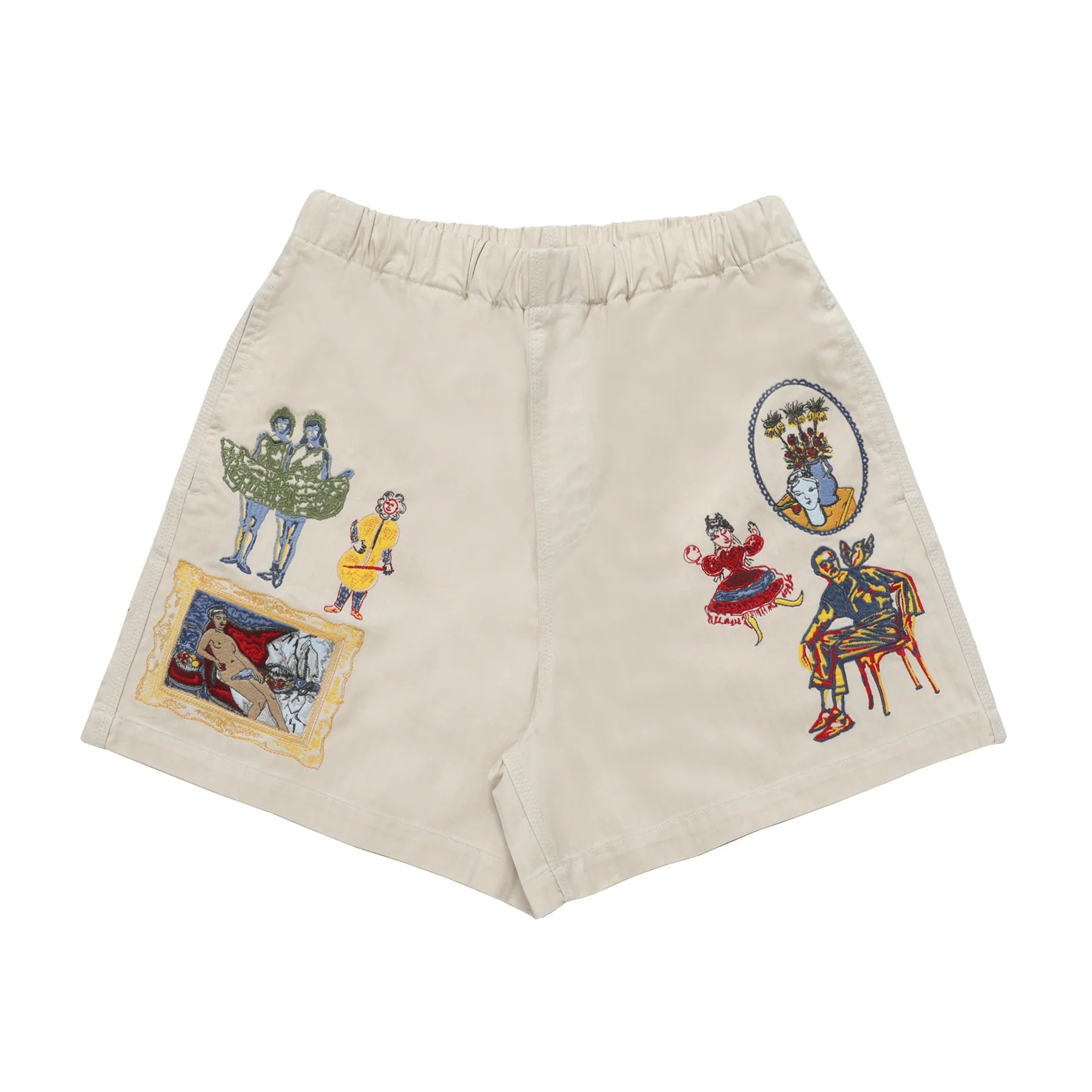 Beige shorts with colorful embroidered designs on a white background