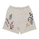 light grey shorts with embroidery designs on a white background