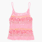 Pink sequin tank top on a white background, back view