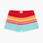 Colorful striped shorts with a red top and blue bottom on a white background