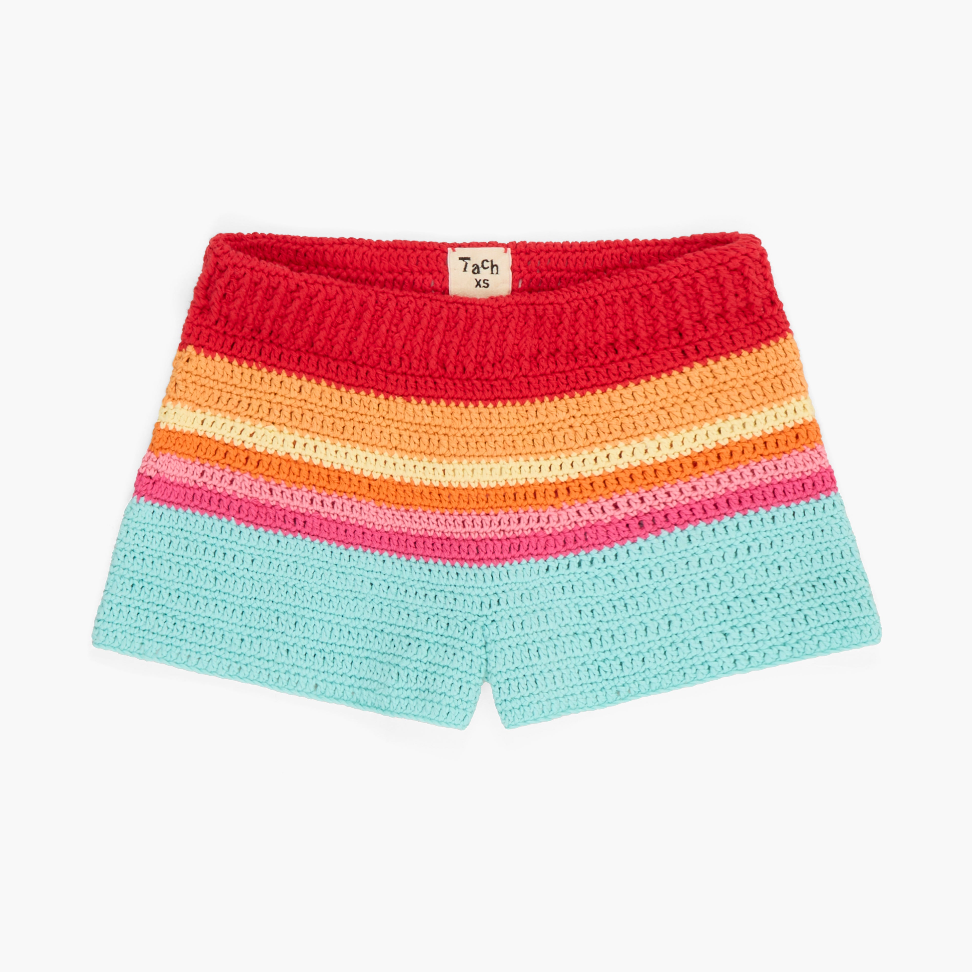 Colorful striped shorts with a red top and blue bottom on a white background