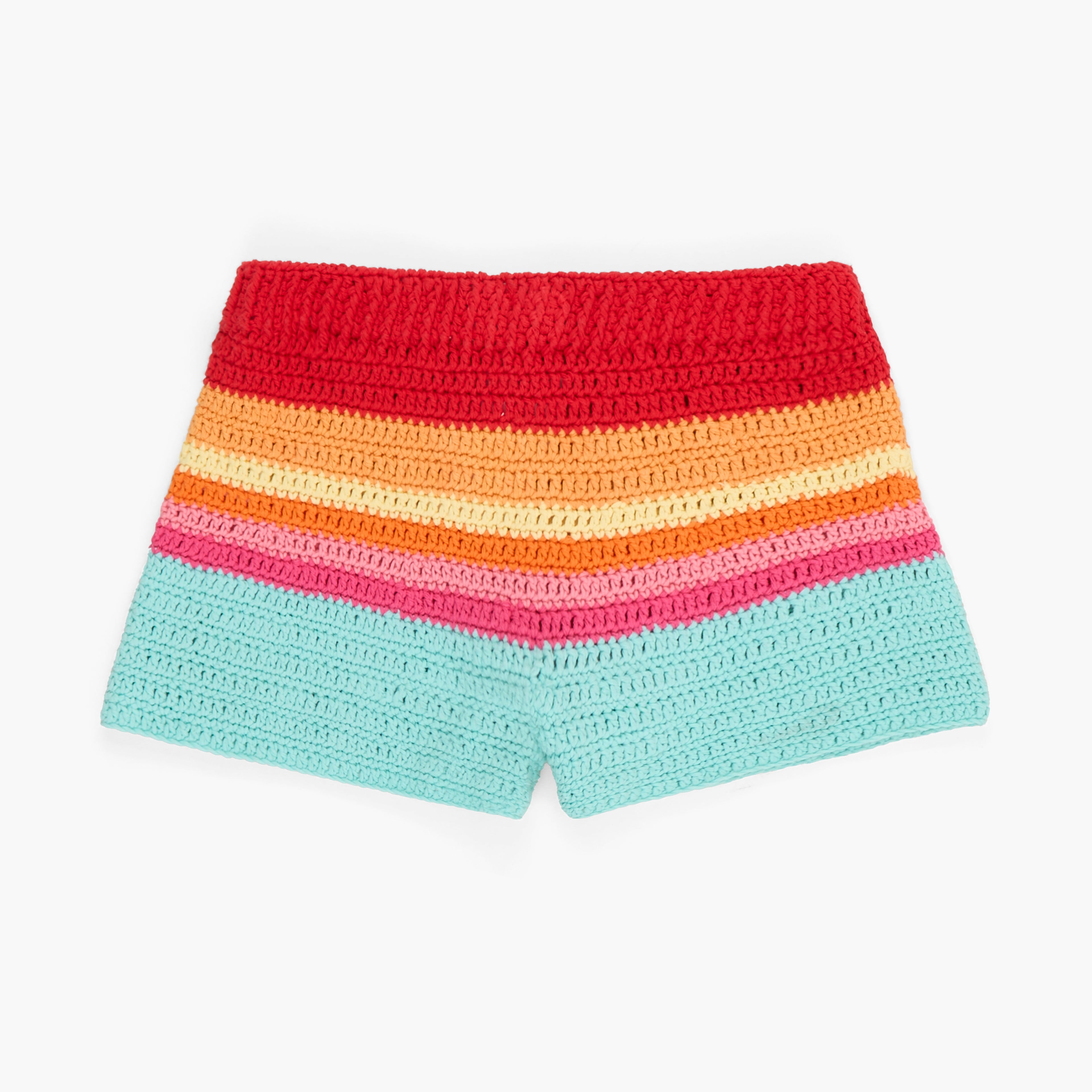 Colorful striped crochet shorts on a white background