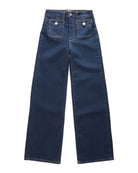 A pair of dark blue denim jeans with a wide-leg fit, featuring contrast stitching, displayed flat against a white background.