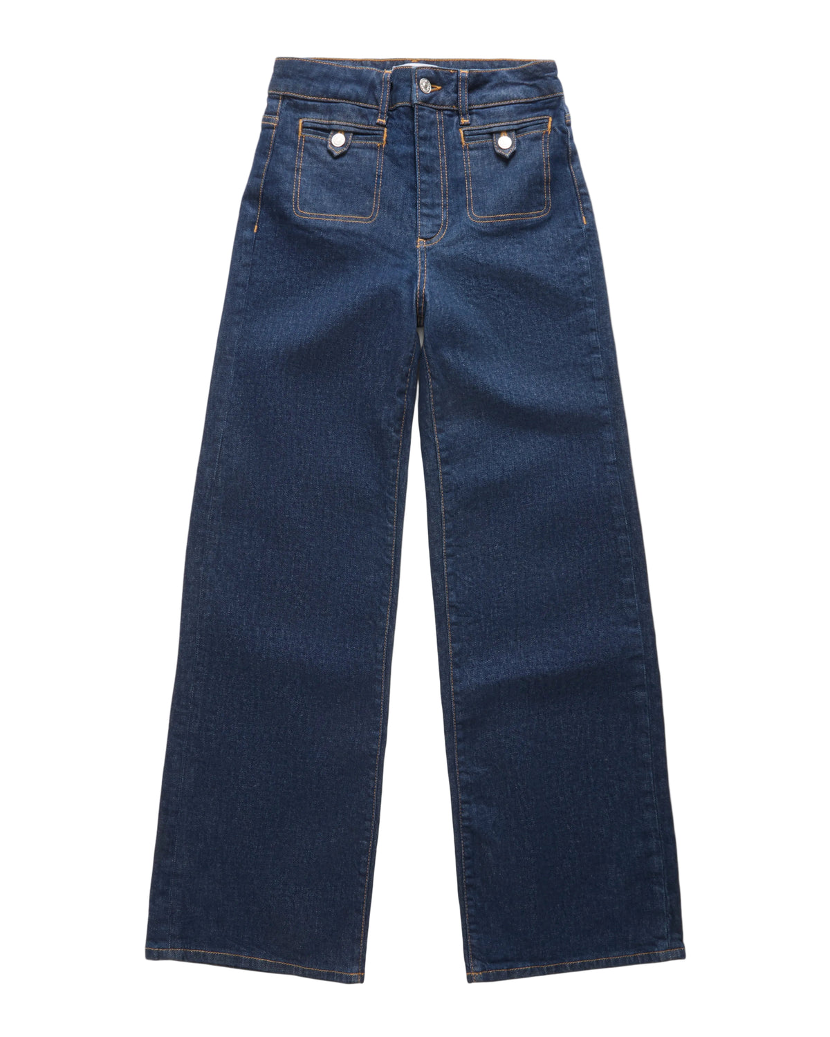 A pair of dark blue denim jeans with a wide-leg fit, featuring contrast stitching, displayed flat against a white background.