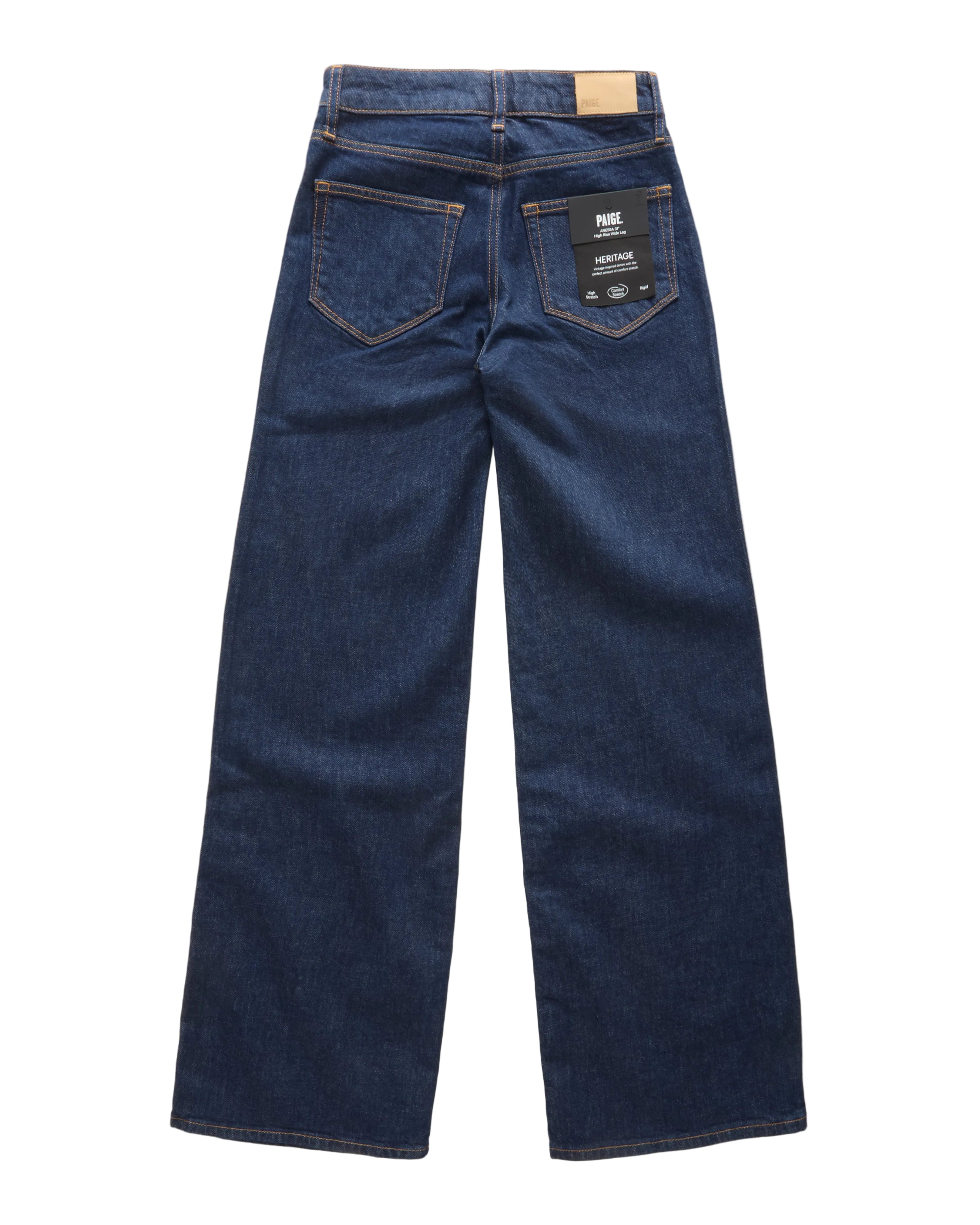 Back view of dark blue denim jeans with a wide-leg fit, showing the back pockets and a black brand label on the right pocket, set against a plain white background.
