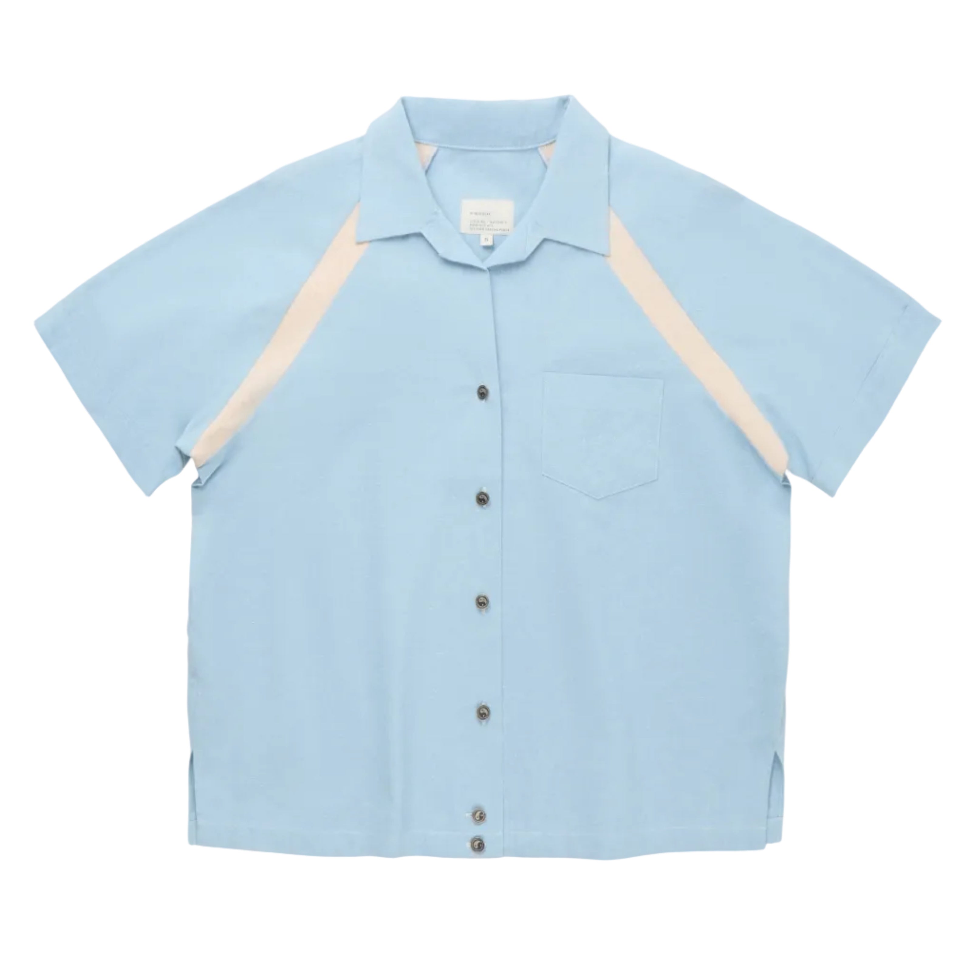 Light blue shirt with beige accents on a white background