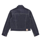 Dark blue denim jacket on a white background