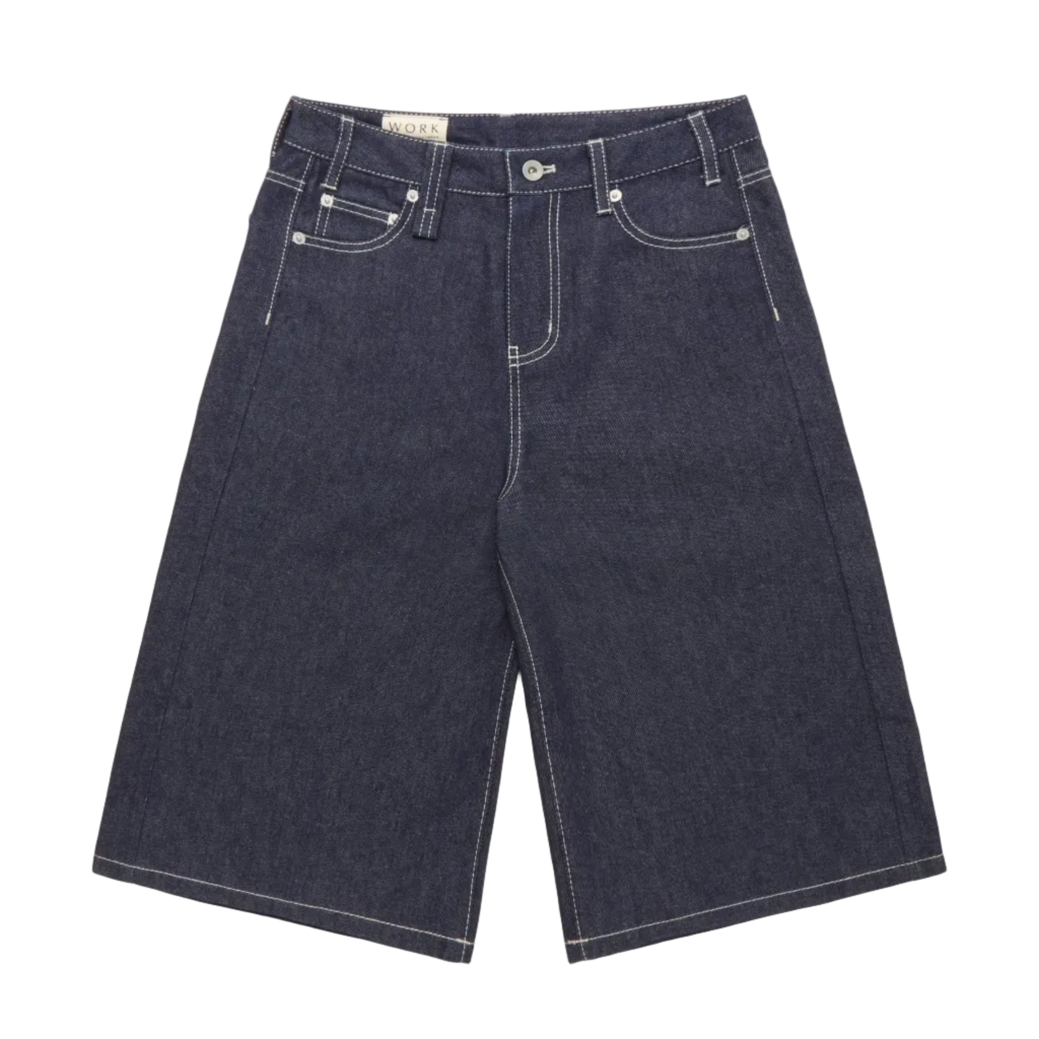 Dark blue denim shorts on a white background