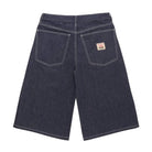 Dark blue denim shorts with a brand label on a white background