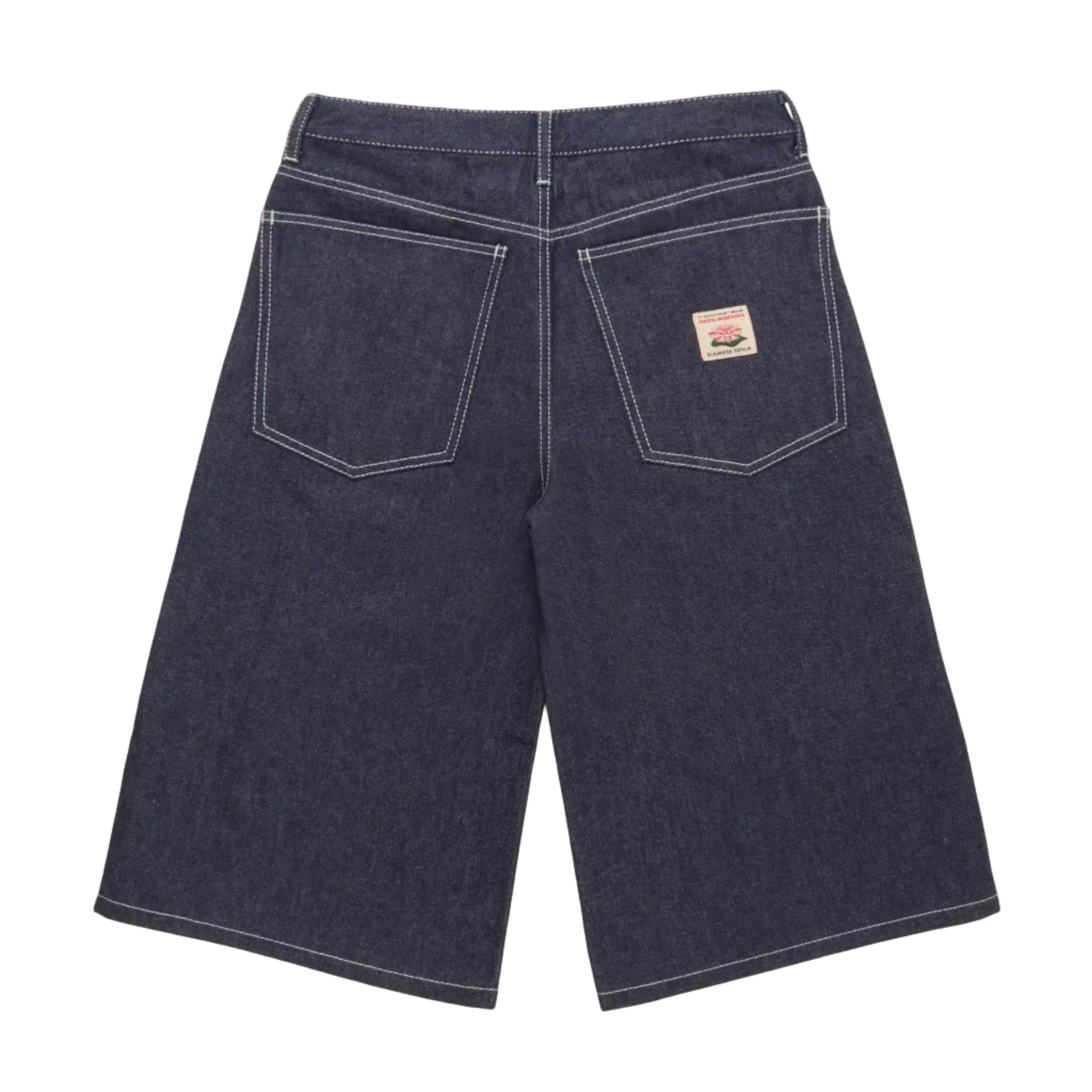 Dark blue denim shorts with a brand label on a white background